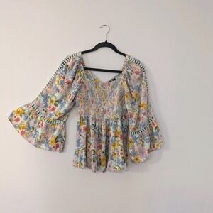 Angie Floral Boho Top MEDIUM Flare Sleeve Festival Hippie Cottage Fairy Women